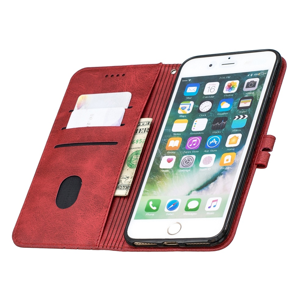 For iPhone 6 plus / 6S 7 8 Denim Pattern Solid Color Flip Wallet PU Leather Protective Phone Case with Buckle & Bracket red - Image 2