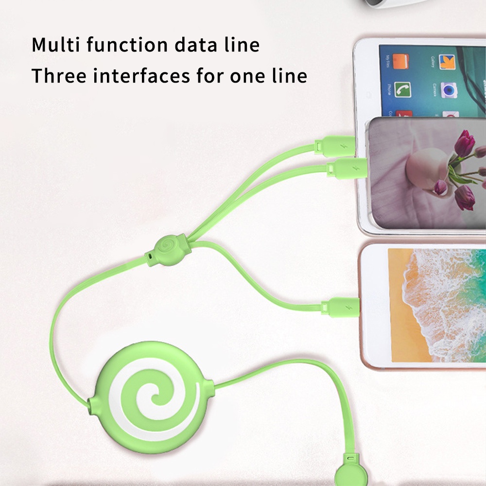 3 in 1 Data Line Retractable USB Portable 3A Fast Charging Cord Type C green - Image 2