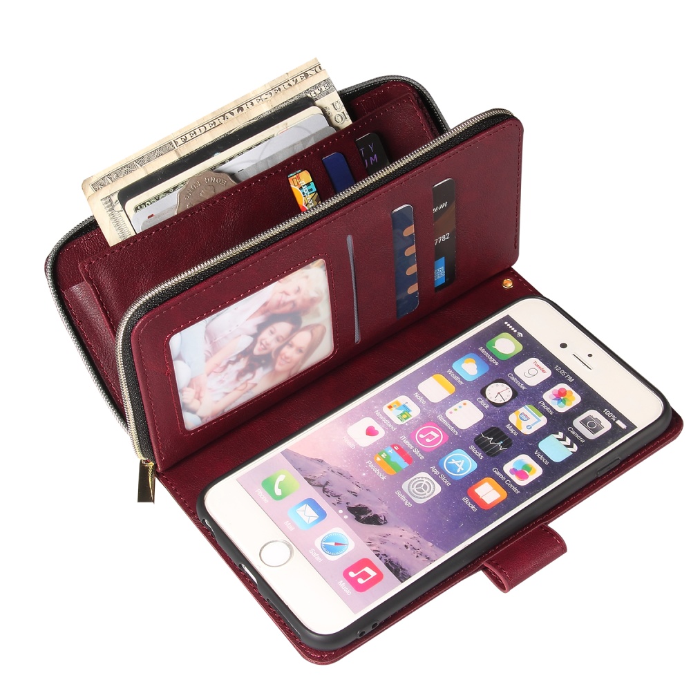 For Iphone 6/6s/6 Plus/6s Plus/7 Plus/8 Plus Pu Leather Mobile Phone Cover Zipper Card Bag + Wrist Strap Red wine - Image 2