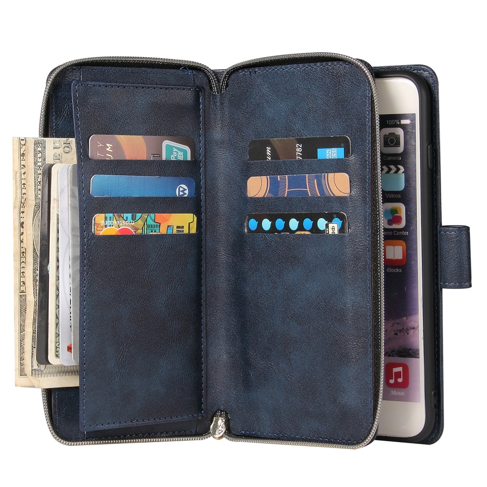 For Iphone 6/6s/6 Plus/6s Plus/7 Plus/8 Plus Pu Leather Mobile Phone Cover Zipper Card Bag + Wrist Strap blue - Image 2