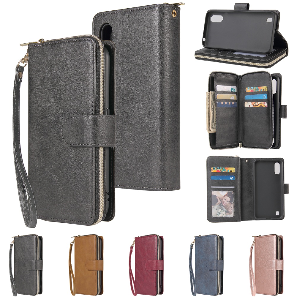 For Samsung A01/A21/A31/A41/A51 Pu Leather Mobile Phone Cover Zipper Card Bag + Wrist Strap black - Image 2