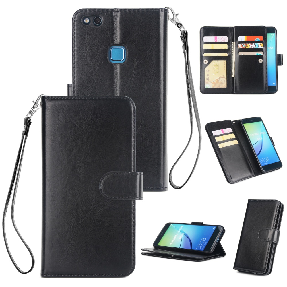 For HUAWEI P10 Lite Leather Protective Phone Case with 9 Card Position Buckle Bracket Lanyard black - Image 2