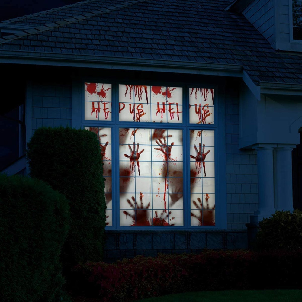 Help Us Window Door Sticker for Haunted House Decorations Scary Bloody Handprint Halloween Props 30x60inches - Image 3