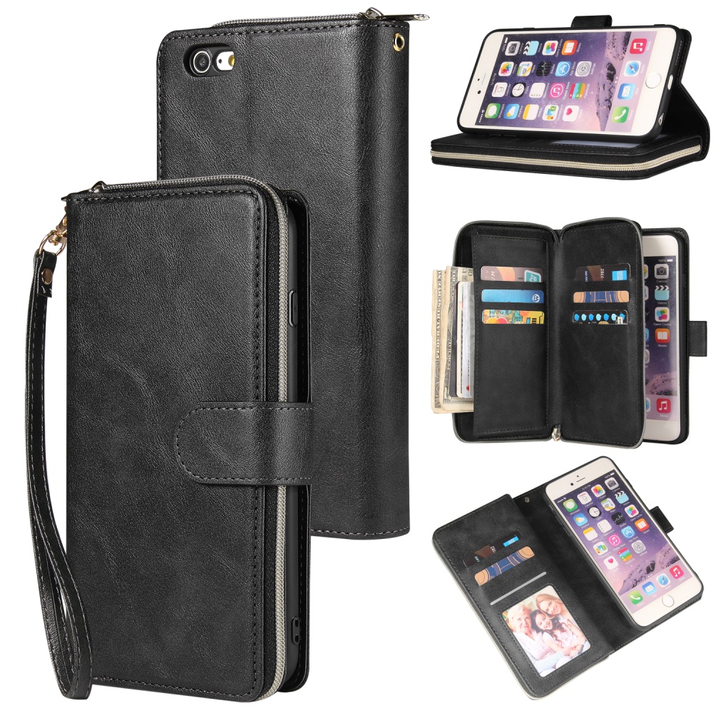 For Iphone 6/6s/6 Plus/6s Plus/7 Plus/8 Plus Pu Leather Mobile Phone Cover Zipper Card Bag + Wrist Strap black - Image 2