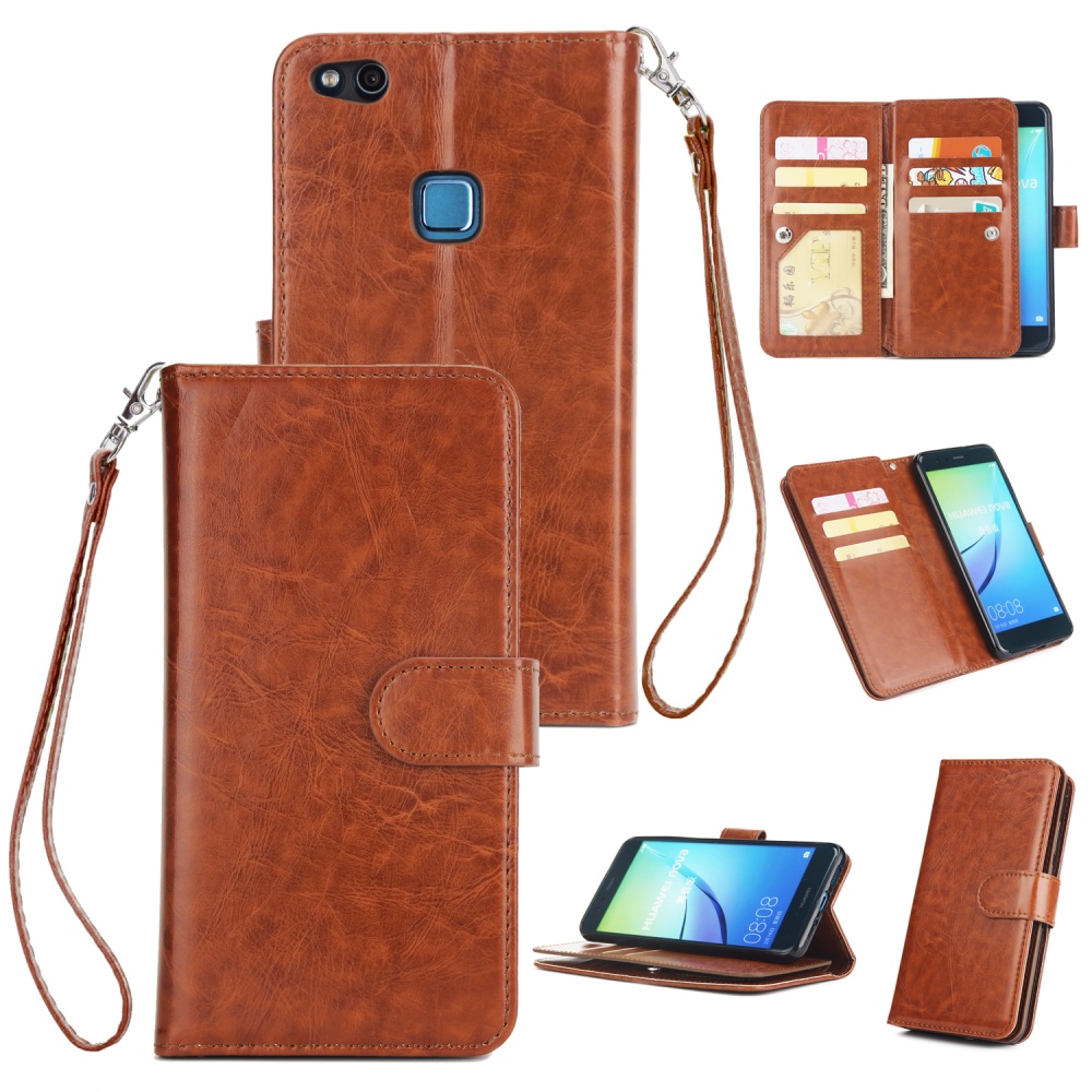 For HUAWEI P10 Lite Leather Protective Phone Case with 9 Card Position Buckle Bracket Lanyard brown - Image 2