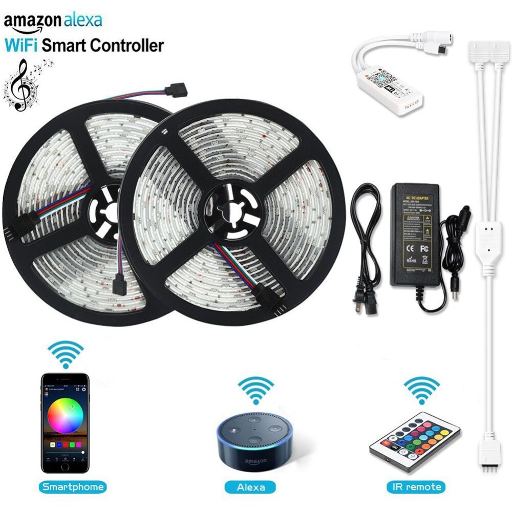 LUNSY Music Controlled LED Strip Light Set IP65 Water-Resistant 300 LEDs RGB 5050 SMD Light+20 Key Wifi Smart IR Controller