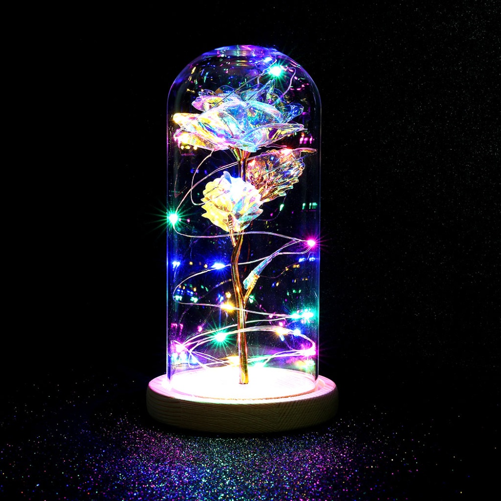 Glass Dome Rose with Wooden Base Valentine's Day Gifts Christmas LED Lamps Home Decoration As shown - Image 2