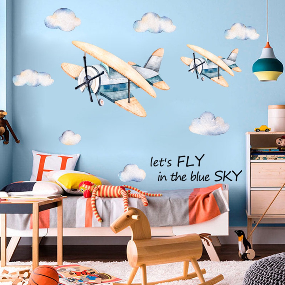 Watercolor Airplane Pattern Wall Sticker Kids Baby Rooms Home Decoration Nursery Wallpaper 45 * 60cm 2pcs