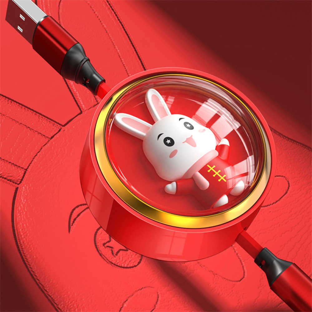 3-in-1 Retractable USB Data Cable Cute Rabbit Decoration Charging for IOS Android Type-c Red - Image 2