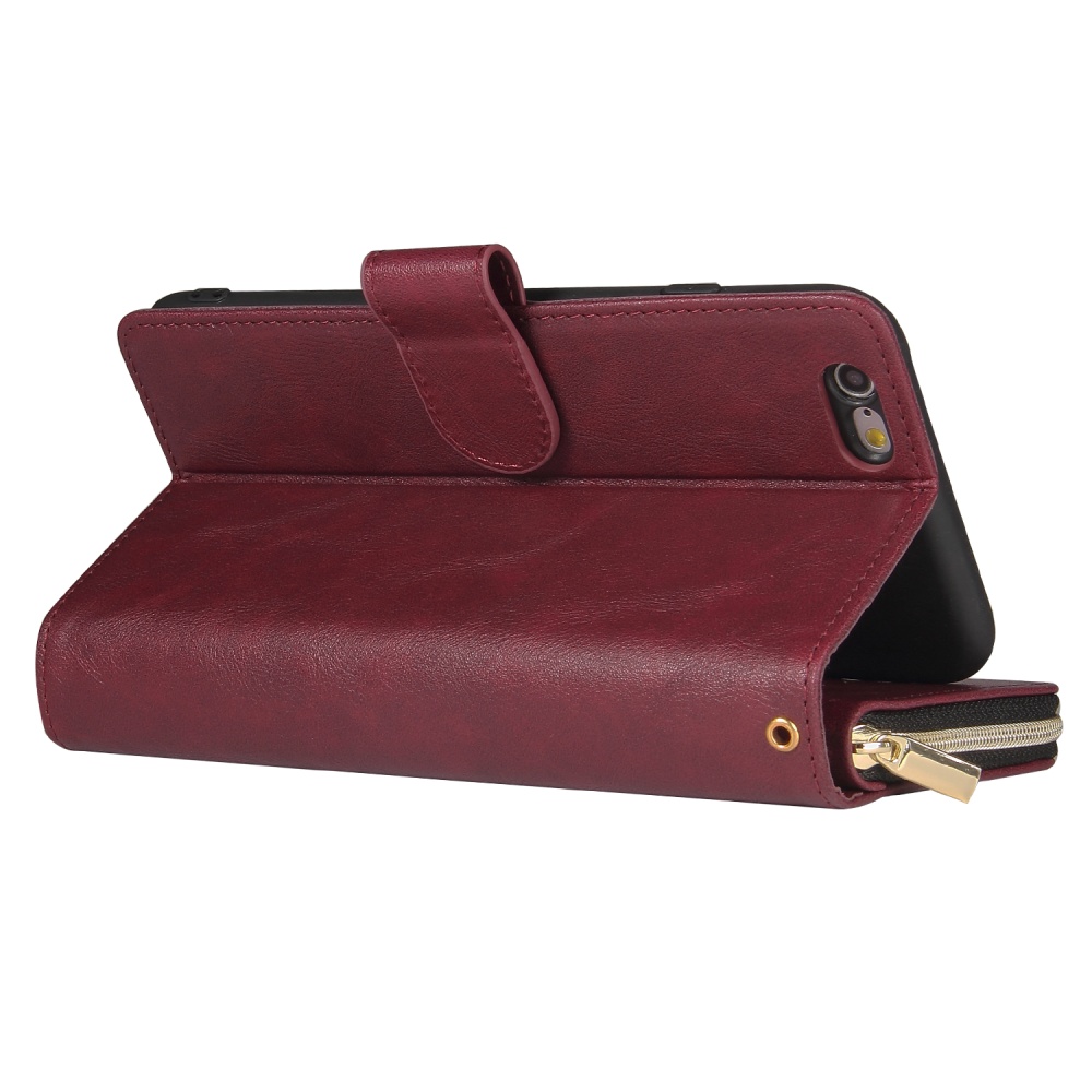 For Iphone 6/6s/6 Plus/6s Plus/7 Plus/8 Plus Pu Leather Mobile Phone Cover Zipper Card Bag + Wrist Strap Red wine - Image 2