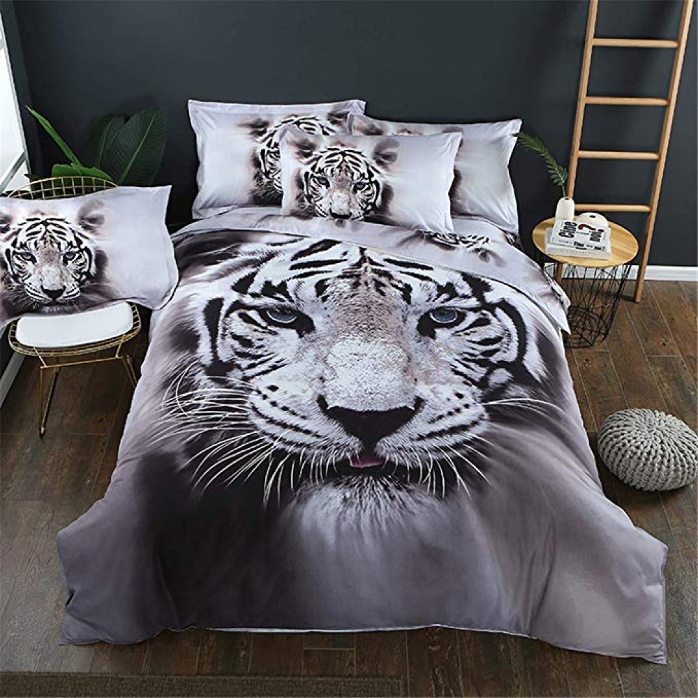 3D Cool Tiger Head Printing Theme Bed Set Quilt Cover Pillowcases Housewarming Gift Decoration 3pcs/4pcs head white - Image 3