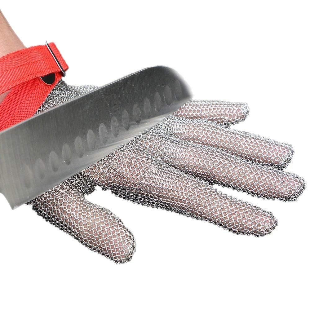 1pc Grade 5 Protective Glove Stainless Steel Mesh Resistant Chain Mail Left Right Hand Universal Red wristband_M - Image 3