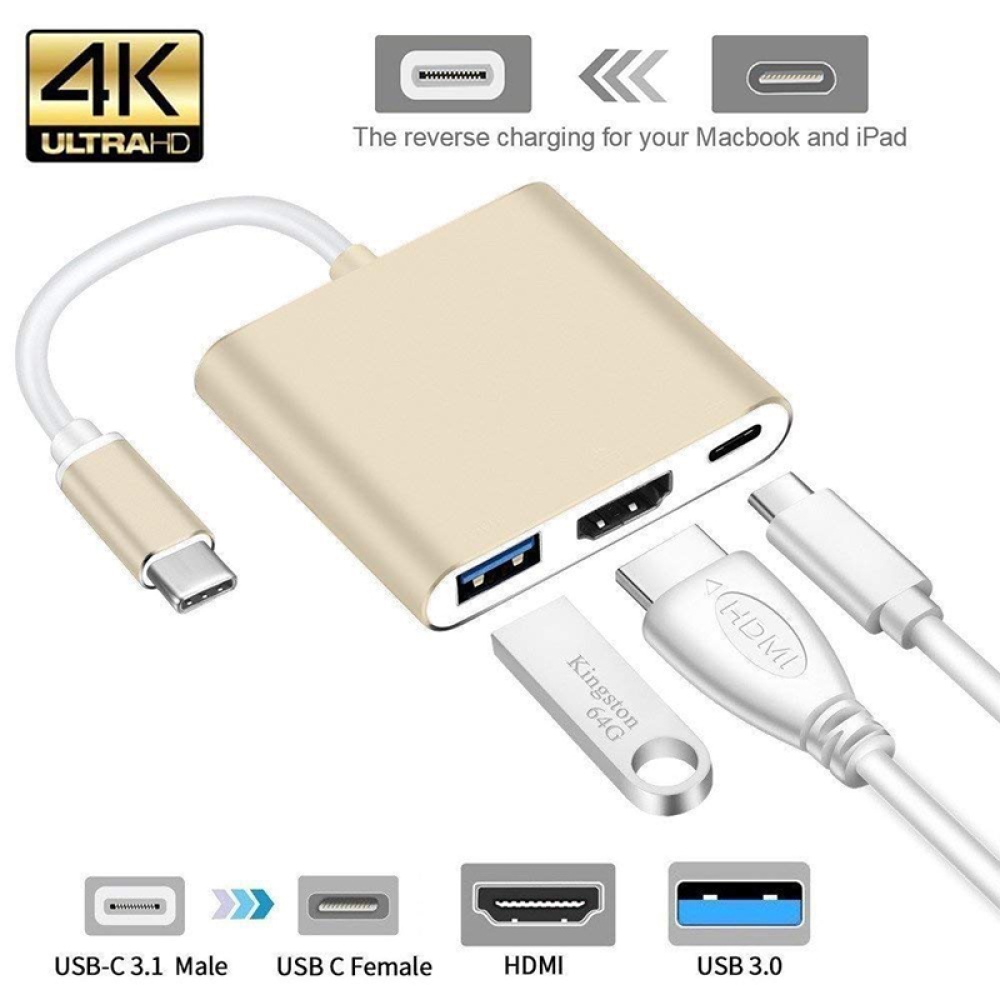 USB Type C Hub HDMI 4K Adapter USB-C to Converter with 3.0 and 3.1 Charging Port for Retina MacBook Gold - Image 2