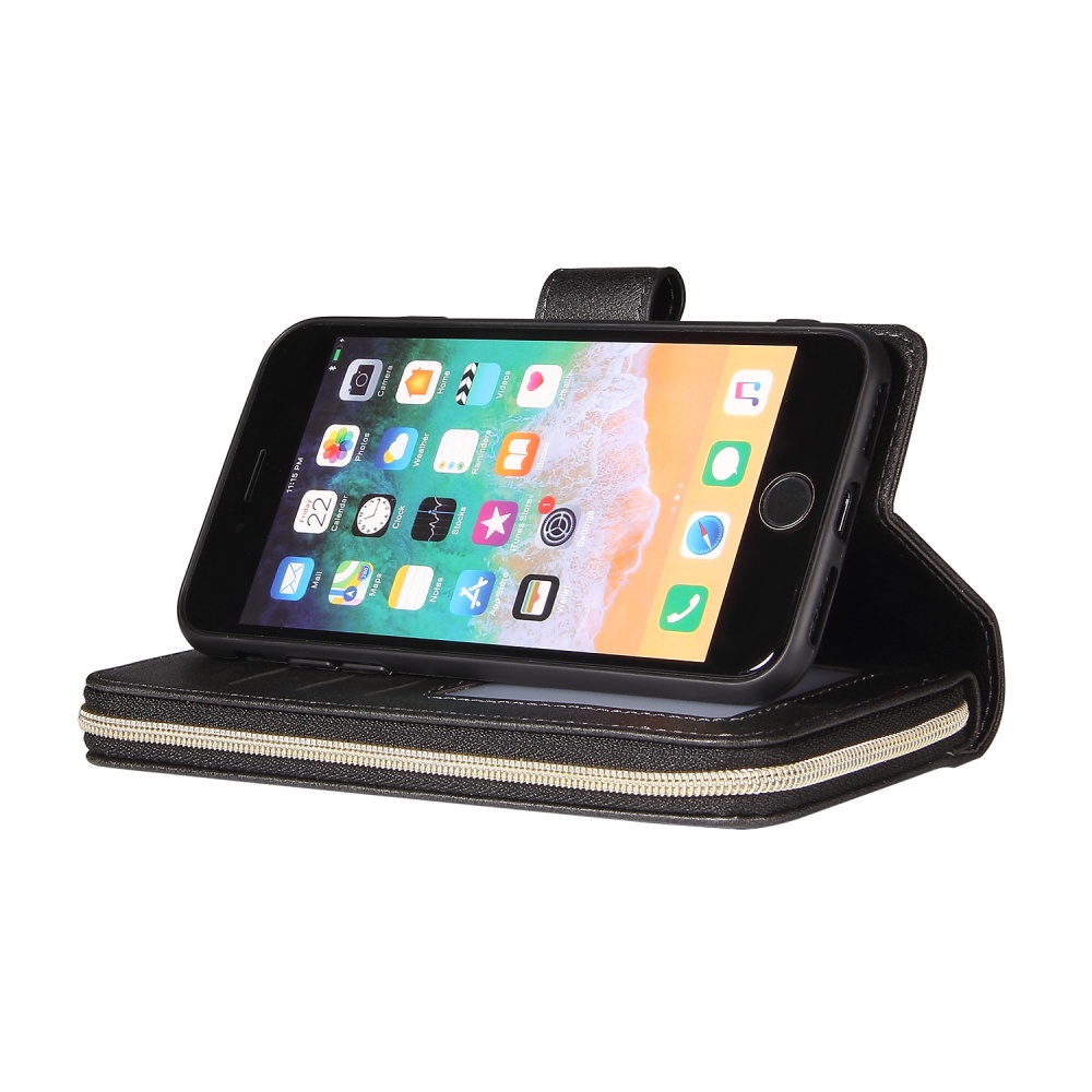 For Iphone 6/6s/6 Plus/6s Plus/7 Plus/8 Plus Pu Leather Mobile Phone Cover Zipper Card Bag + Wrist Strap black - Image 2