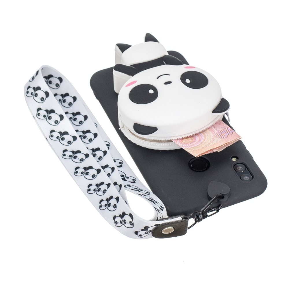 For HUAWEI Y6 2019 Y7 Y9 Cartoon Full Protective TPU Mobile Phone Cover with Mini Coin Purse+Cartoon Hanging Lanyard 4 black pandas - Image 2