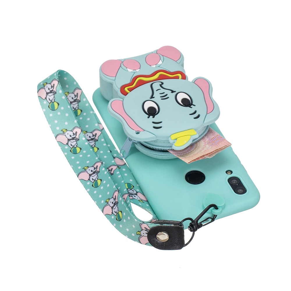 For HUAWEI Y6 2019 Y7 Y9 Cartoon Full Protective TPU Mobile Phone Cover with Mini Coin Purse+Cartoon Hanging Lanyard 2 light blue elephant - Image 2