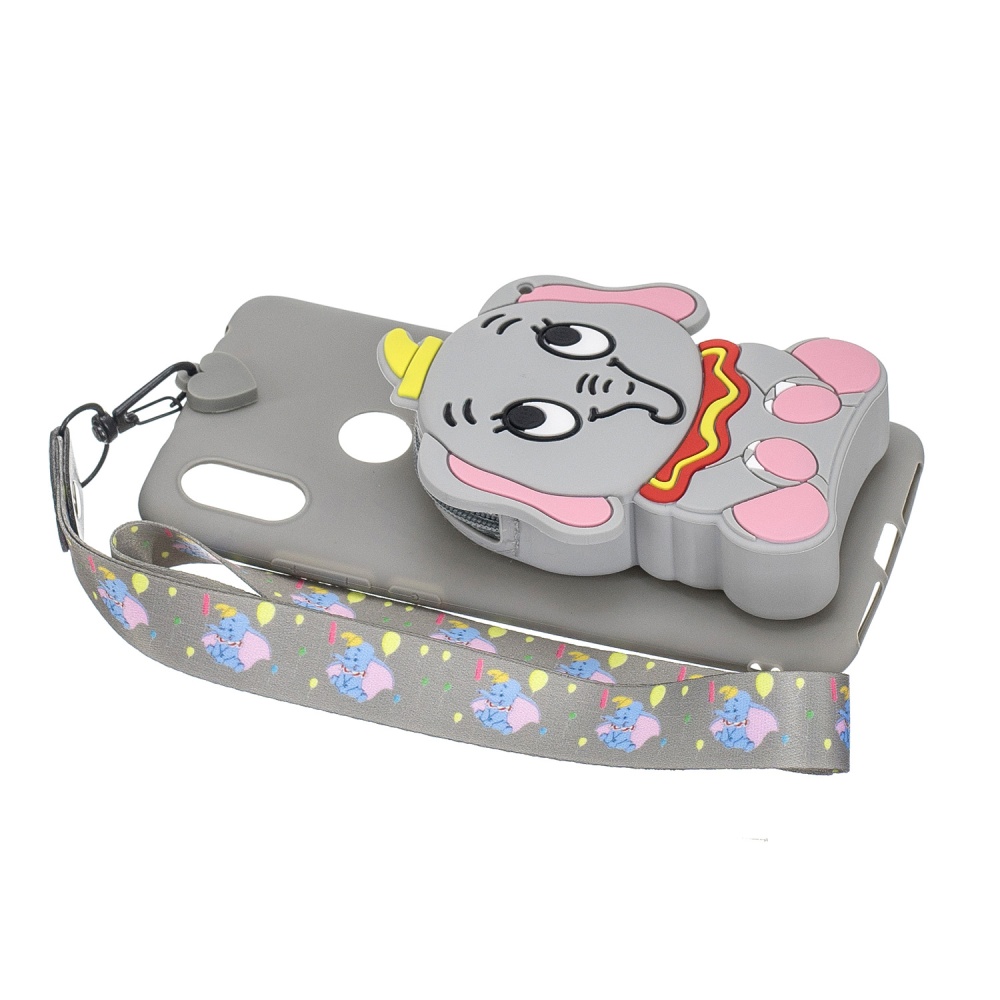 For HUAWEI Y6 2019 Y7 Y9 Cartoon Full Protective TPU Mobile Phone Cover with Mini Coin Purse+Cartoon Hanging Lanyard 8 grey elephant - Image 2