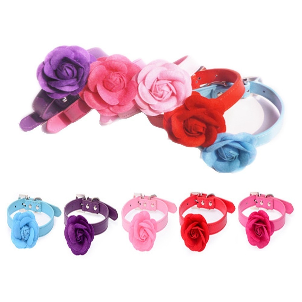 Rose Flower Leather Collar with Adjustable Buckle for Small Middle Dog Teddy Pet Supply Pink_XS: 1.2*33cm - Image 3