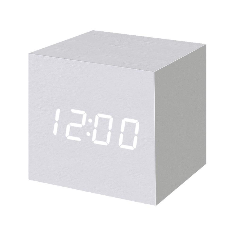 Wooden Digital Alarm Clock LED Light Multifunctional Modern Cube Displays Date Temperature for Home Office White wood white word