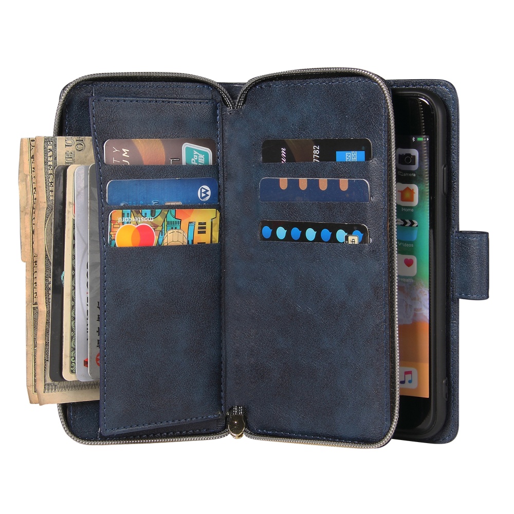 For Iphone 6/6s/6 Plus/6s Plus/7 Plus/8 Plus Pu Leather Mobile Phone Cover Zipper Card Bag + Wrist Strap blue - Image 2