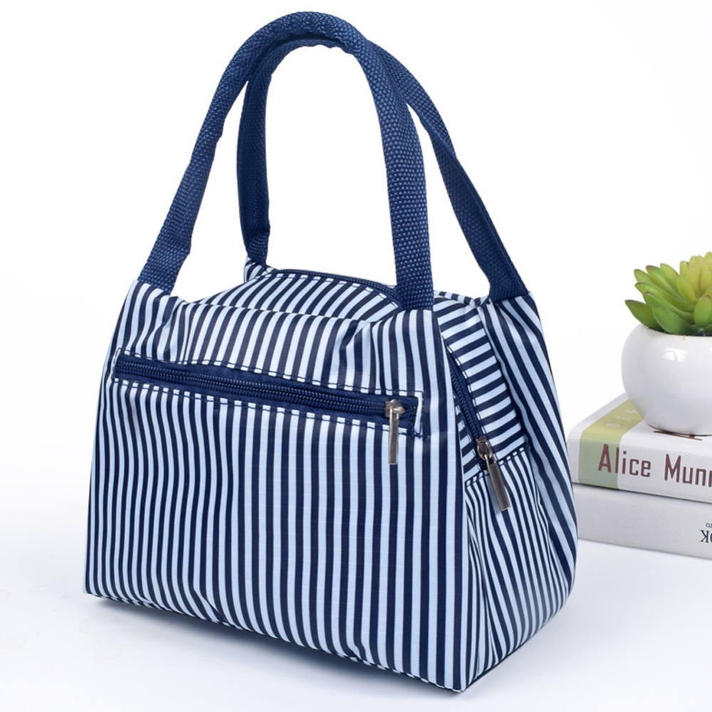 Women New fashion zipper portable insulation bag cartoon waterproof lunch with aluminum foil blue stripes