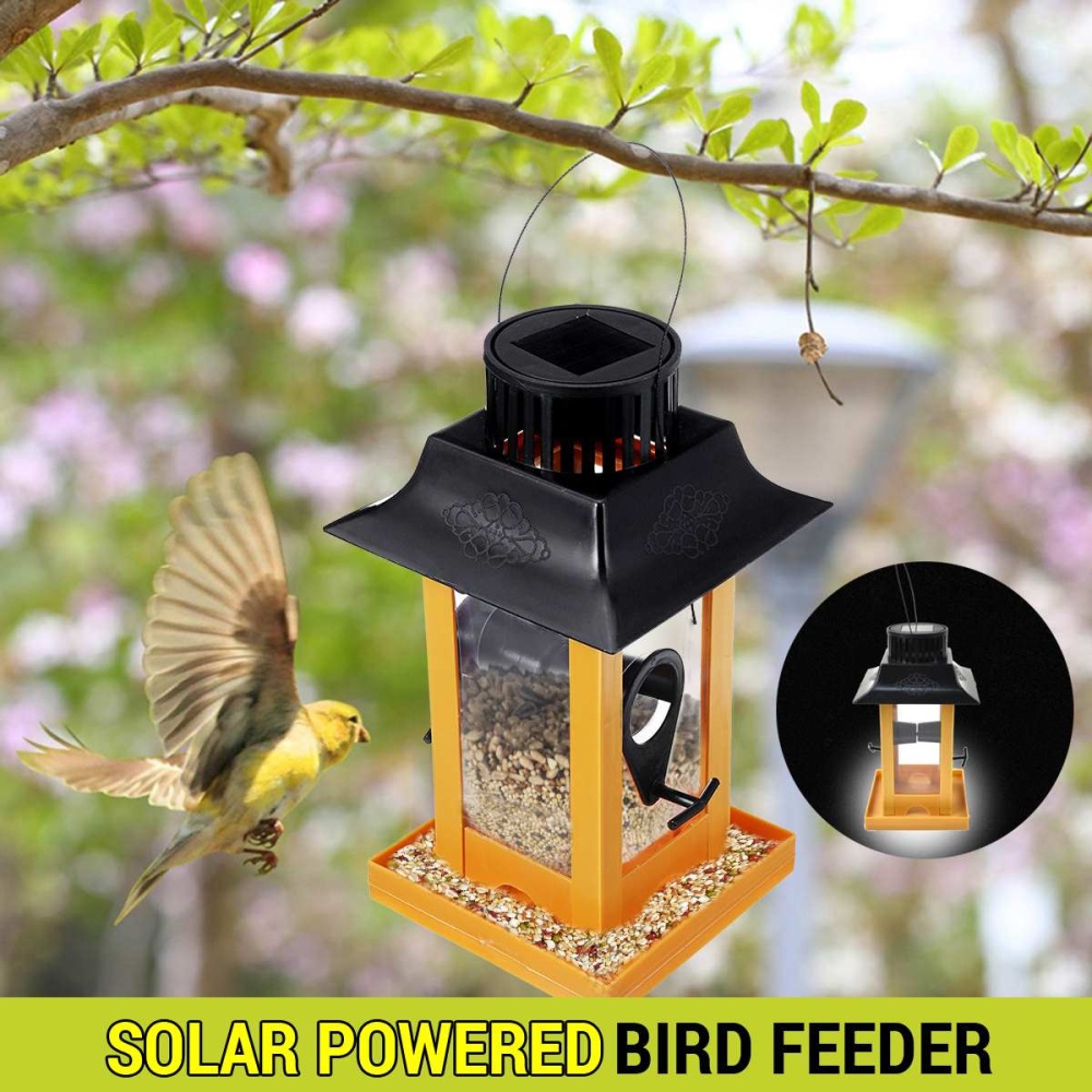 Pet Hanging Feeder with Solar LED Lamp for Outdoor Birds Parrot Supplies Home Garden Decor yellow - Image 3