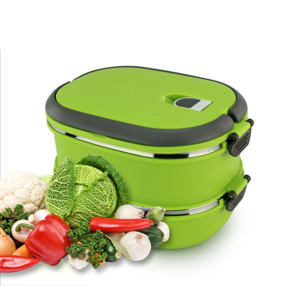 Hot Thermal Insulated Bento Stainless Steel Food Container Lunch Box 1 2 3 Layer Styles:Double Colors:Green - Image 2