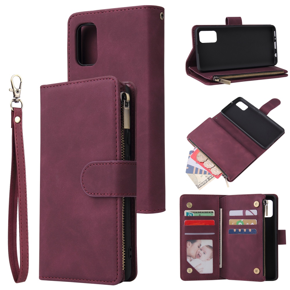 For Samsung A41 Mobile Phone Case Wallet Design Zipper Closure Overall Protection Cellphone Cover 5 wine red - Image 2