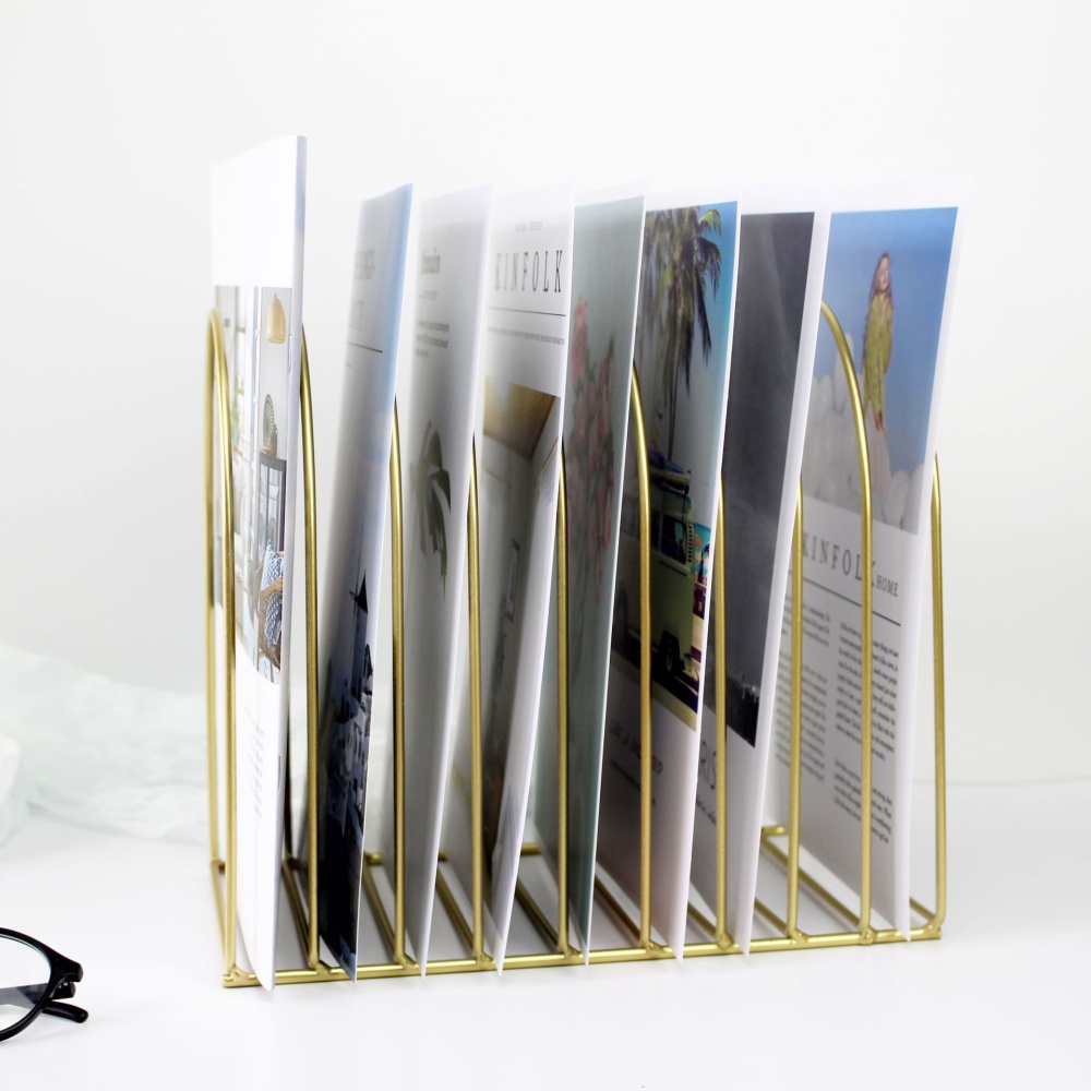 Metal Bookshelf Stand Book Standing Document File Desktop Manager Holder Golden_small - Image 2