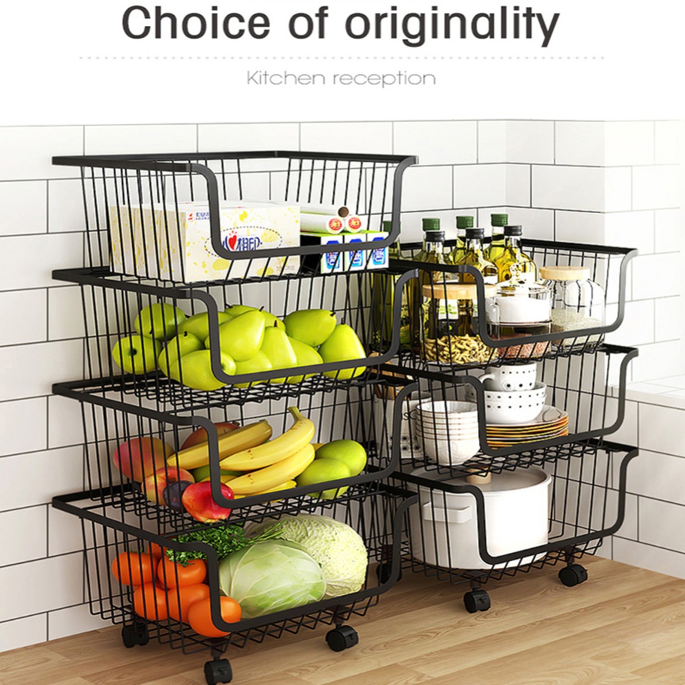 Metal Wire Basket with Wheel for Kitchen Bedroom Bathroom Fruit Vegetable Storage 2 layers - Image 2