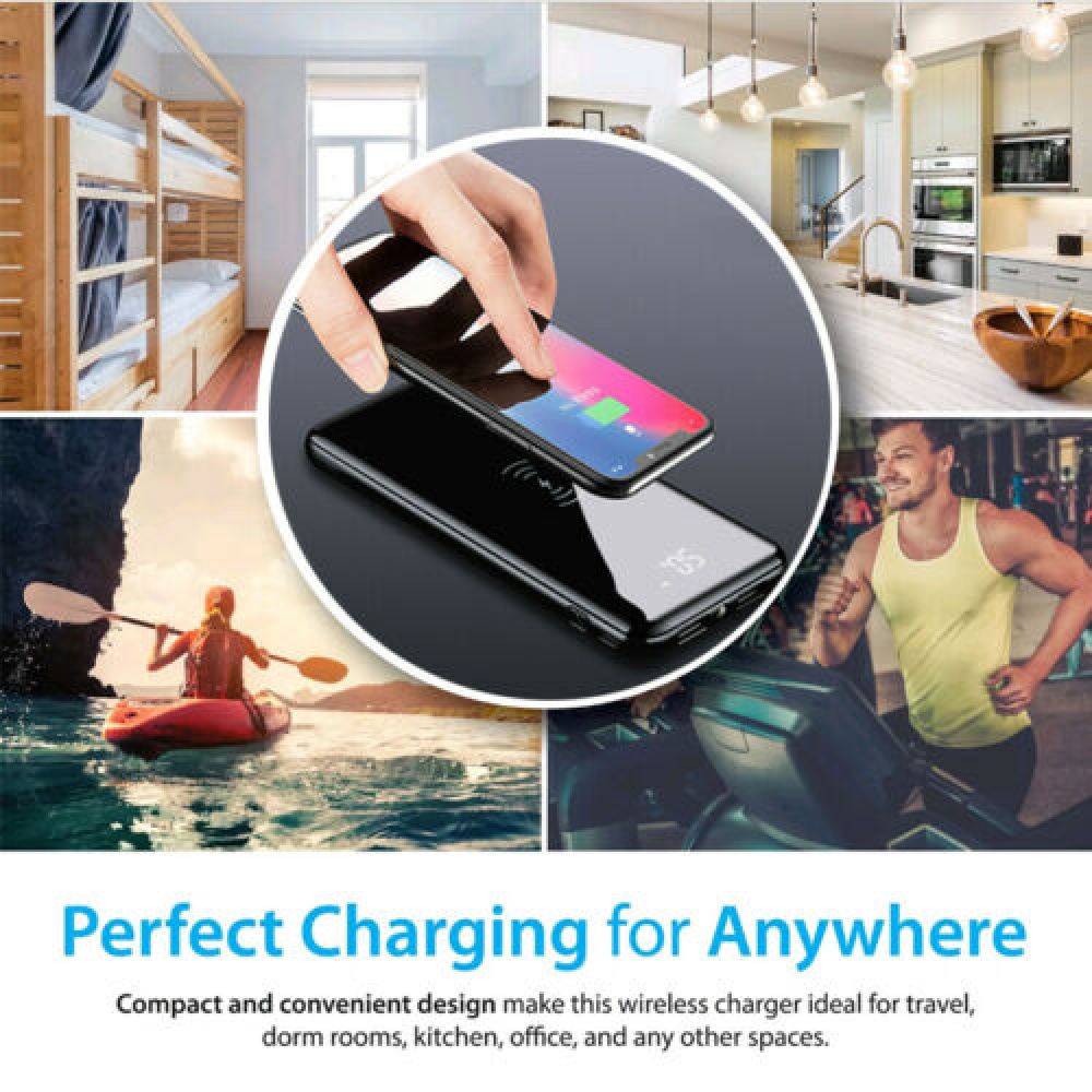 10000mAh Power Bank Qi Wireless Charging Dual USB LED Portable Battery Charger black - Image 2