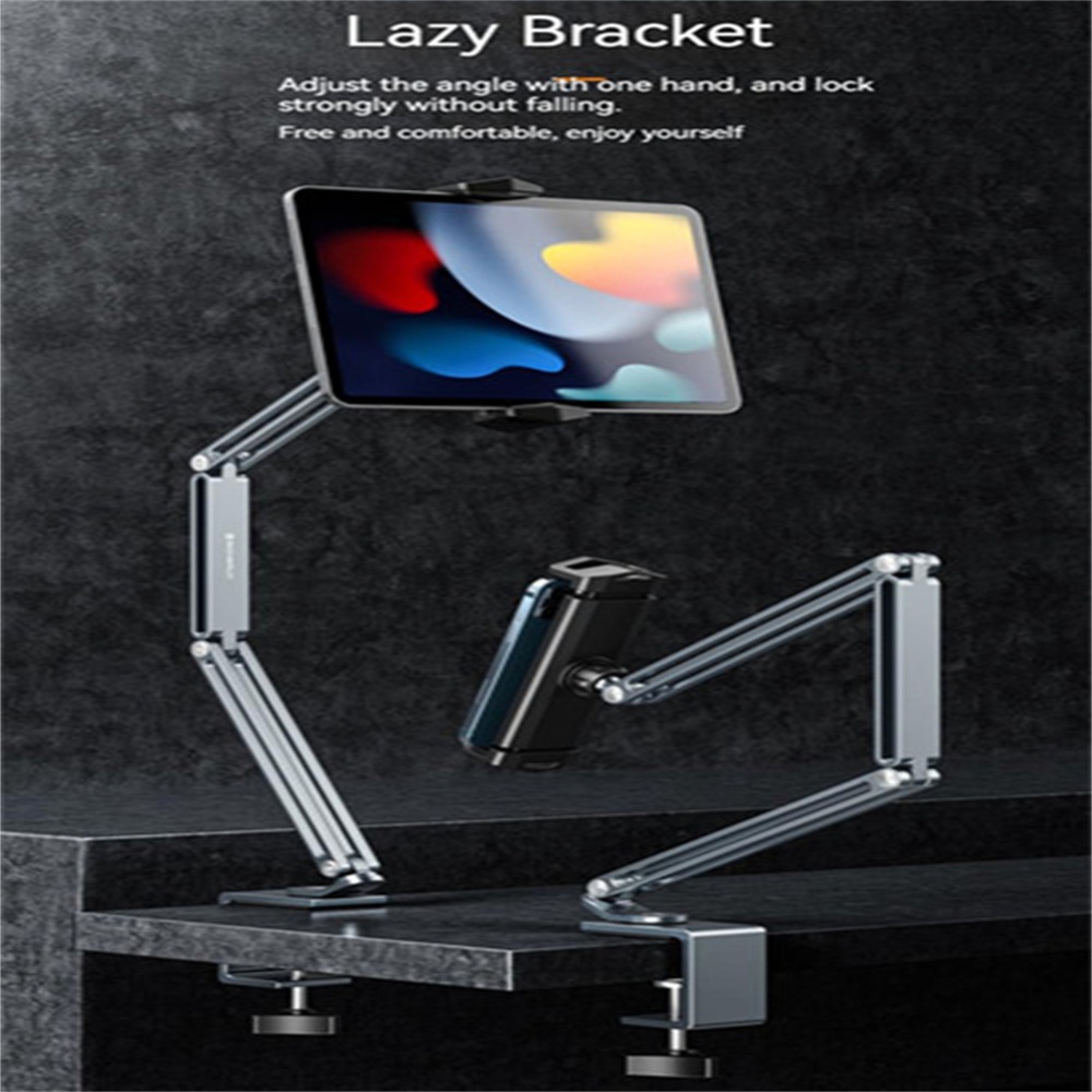 Adjustable Tablet Mobile Phone Stand Aluminum Alloy Desktop Mount Support Bedside Cantilever Bracket Grey - Image 2