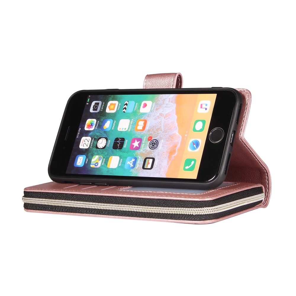 For Iphone 6/6s/6 Plus/6s Plus/7 Plus/8 Plus Pu Leather Mobile Phone Cover Zipper Card Bag + Wrist Strap Rose gold - Image 2