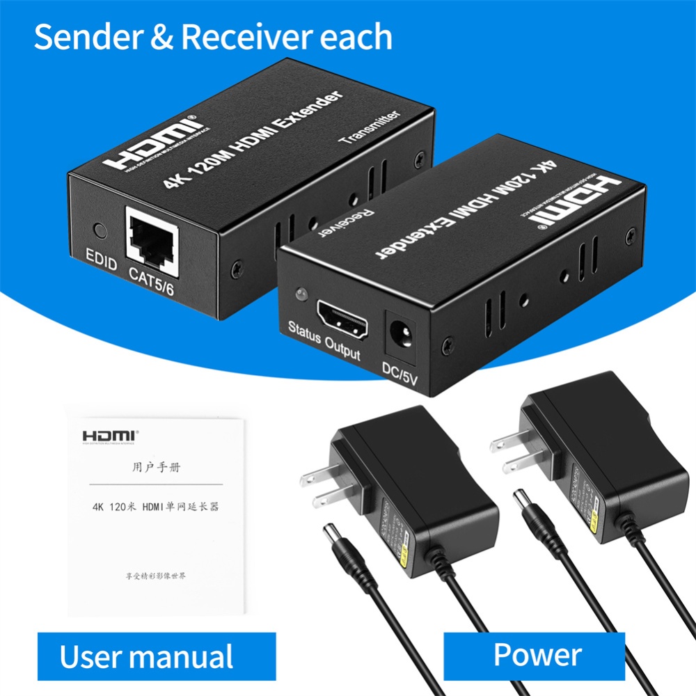 1 Set 4k 120m Hdmi Extender Cat5e Cat6 Ethernet to Rj45 Audio Edid Network UK Plug - Image 3