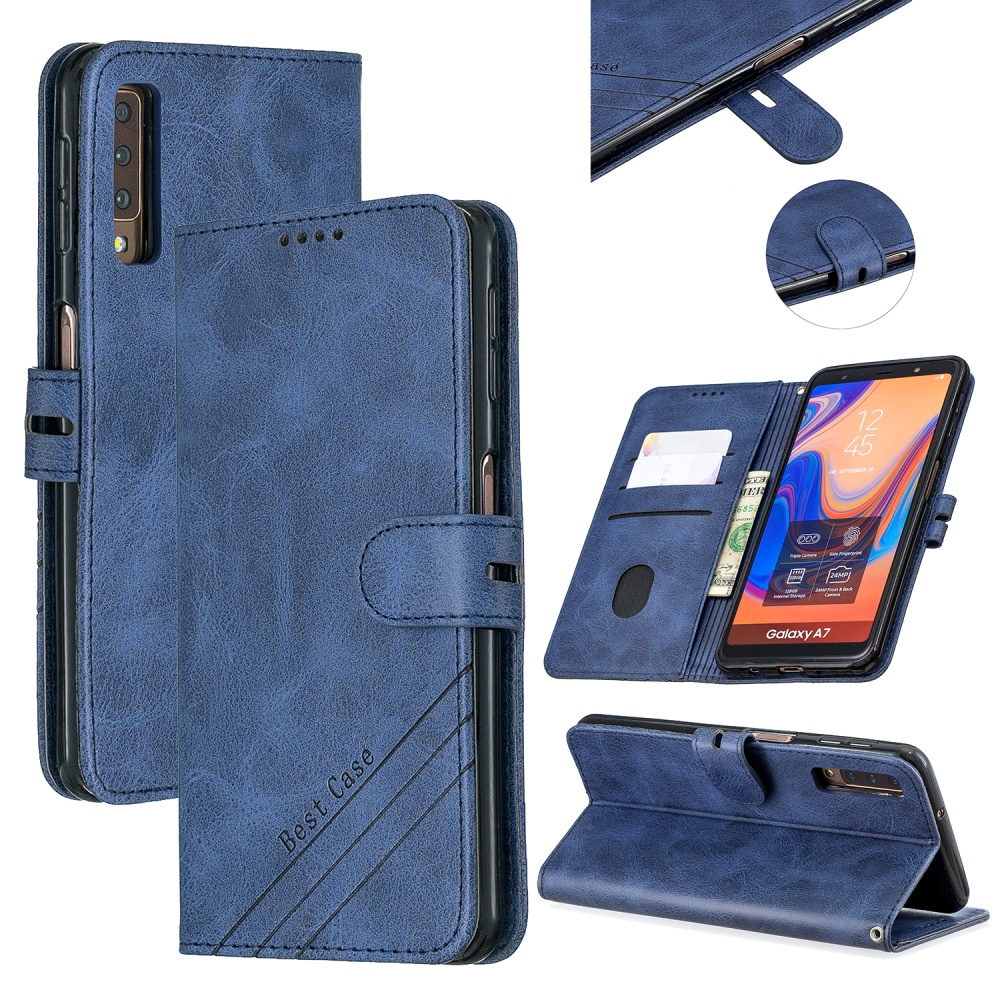 For Samsung A7 2018 Denim Pattern Solid Color Flip Wallet PU Leather Protective Phone Case with Buckle & Bracket blue - Image 2