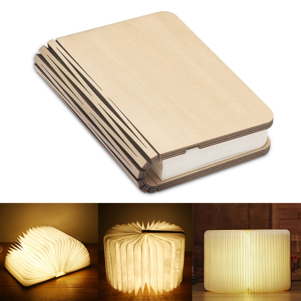 Portable USB Rechargeable LED Light Foldable Wooden Book Lamp for Home Decor white maple Dupont paper small
