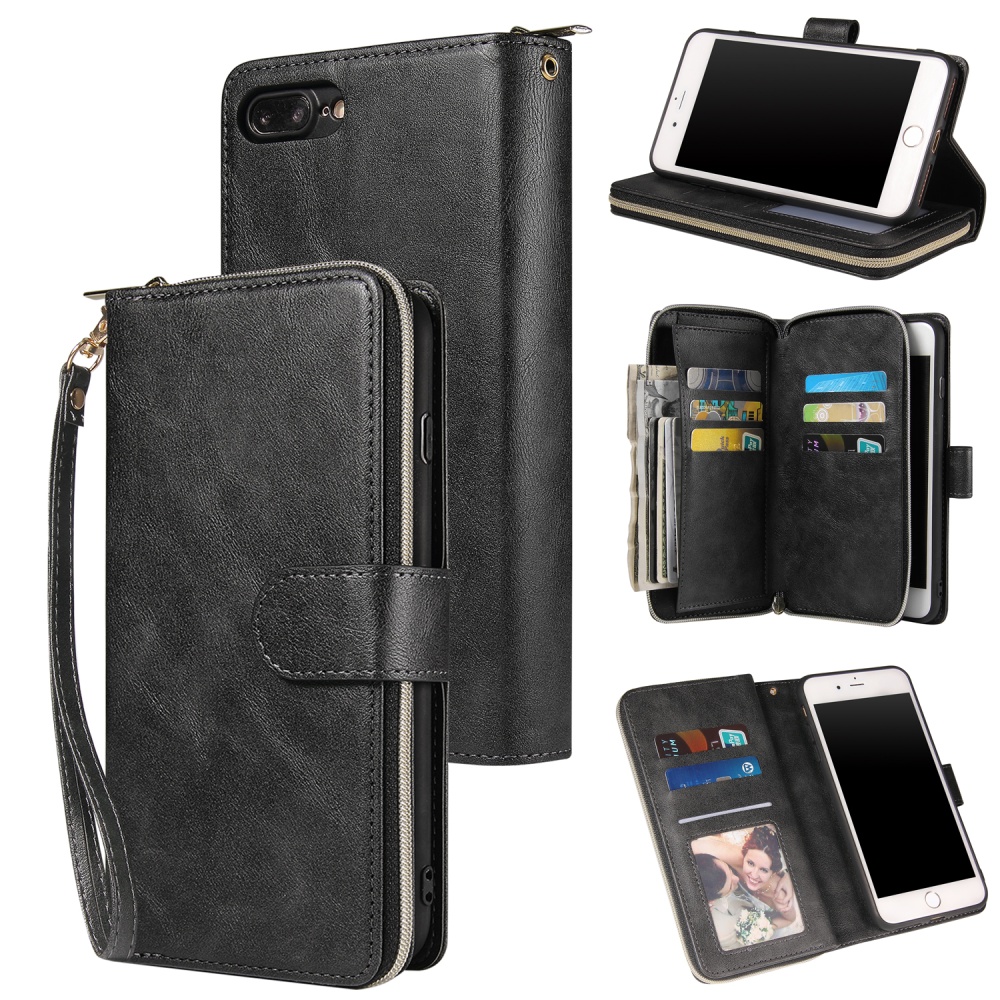 For Iphone 6/6s/6 Plus/6s Plus/7 Plus/8 Plus Pu Leather Mobile Phone Cover Zipper Card Bag + Wrist Strap black - Image 2