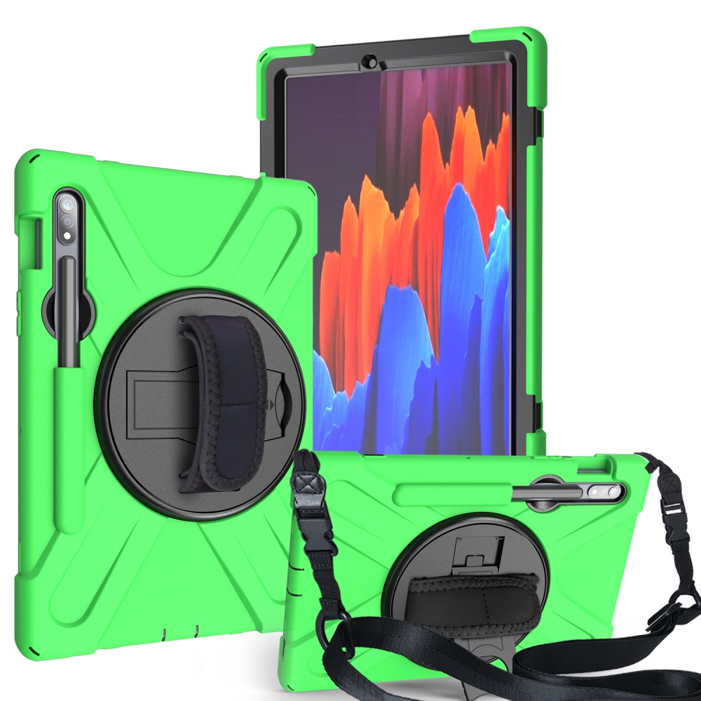 For Samsung Tab S7 T870 /Tab Plus T970/T975 Protective Cover with Pen Slot Anti-fall Belt Holder + Wristband Straps green_Samsung - Image 2