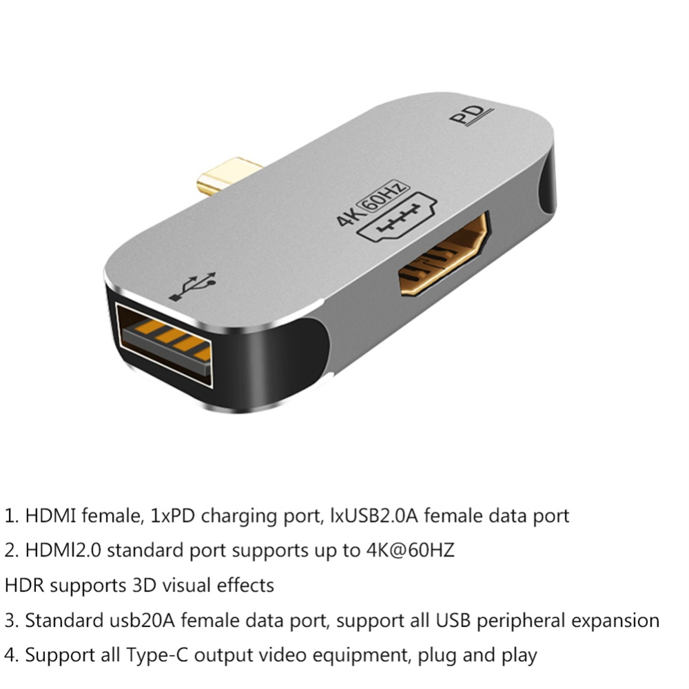 Connector Metal Type C To Hdmi-compatible PD USB 2.0 3 In 1 Adapter Grey - Image 3