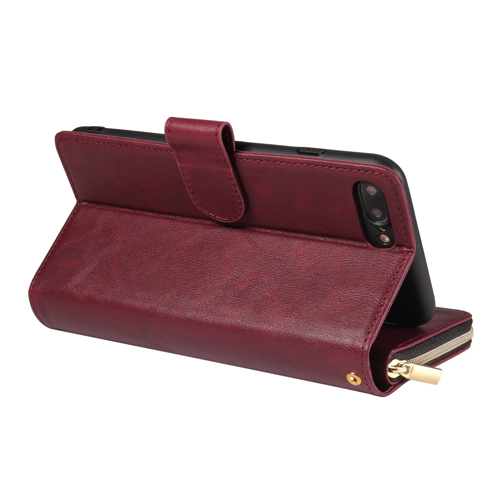 For Iphone 6/6s/6 Plus/6s Plus/7 Plus/8 Plus Pu Leather Mobile Phone Cover Zipper Card Bag + Wrist Strap Red wine - Image 2