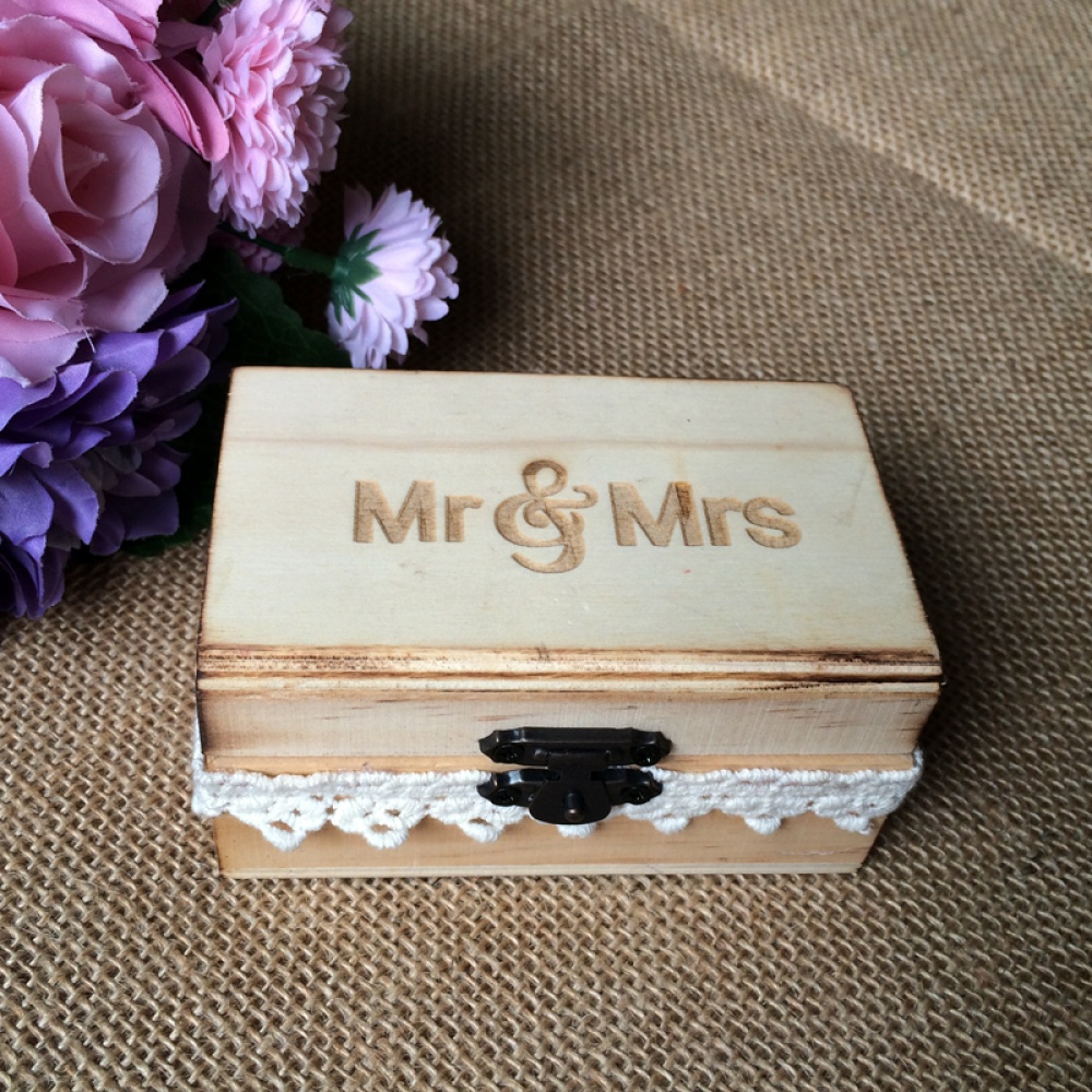 Mr & Mrs Rustic Wooden Wedding Ring Bearer Vintage Lace Decorated Lockable Holder Box 10 * 6 5cm - Image 3