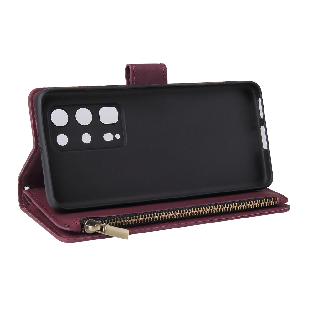 For HUAWEI P40 pro plus Zipper Purse Leather Mobile Phone Cover with Cards Slot Bracket 5 wine red - Image 2