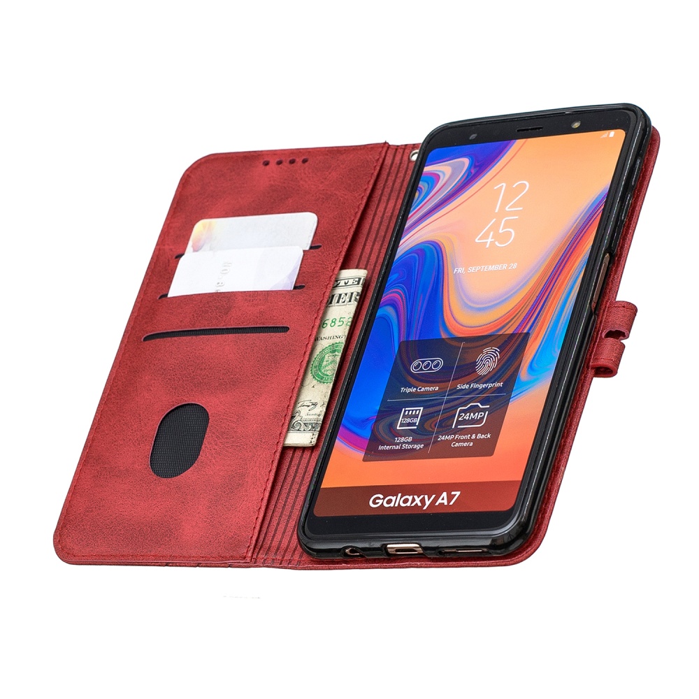 For Samsung A7 2018 Denim Pattern Solid Color Flip Wallet PU Leather Protective Phone Case with Buckle & Bracket red - Image 2