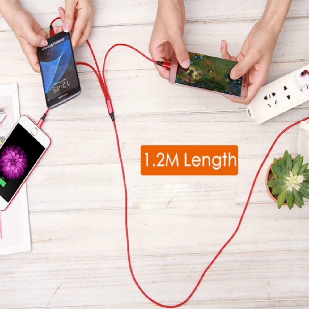 3 In 1 Multi-function Data Line Mobile Phone Charging Cable One Dragging Three Braided Red - Image 2