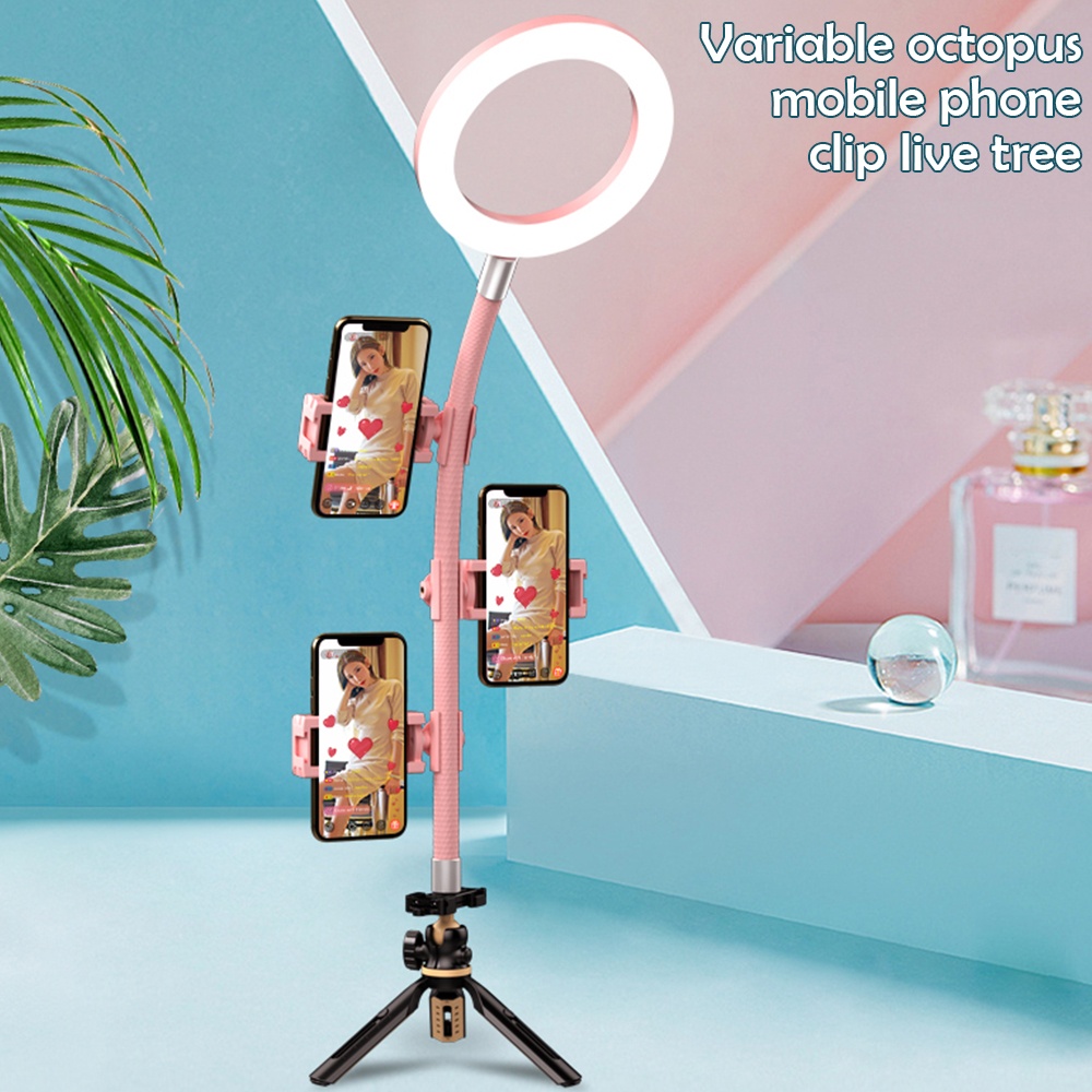 Multifunctional Tripod Multiple Clip Live Broadcasting Phone Bracket Fill Light Adaptor Mobile Holder Pink - Image 2