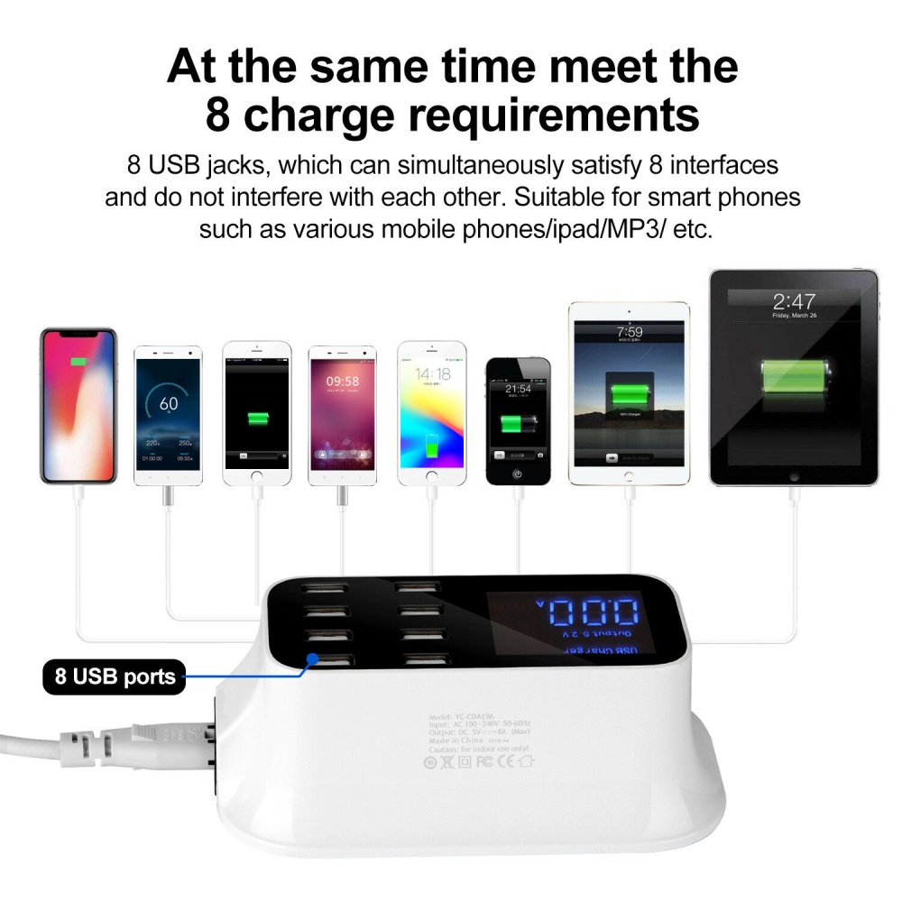 8-Port USB Adapter Desktop Wall Charger Smart LED Display Charging Station EU plug - Image 2