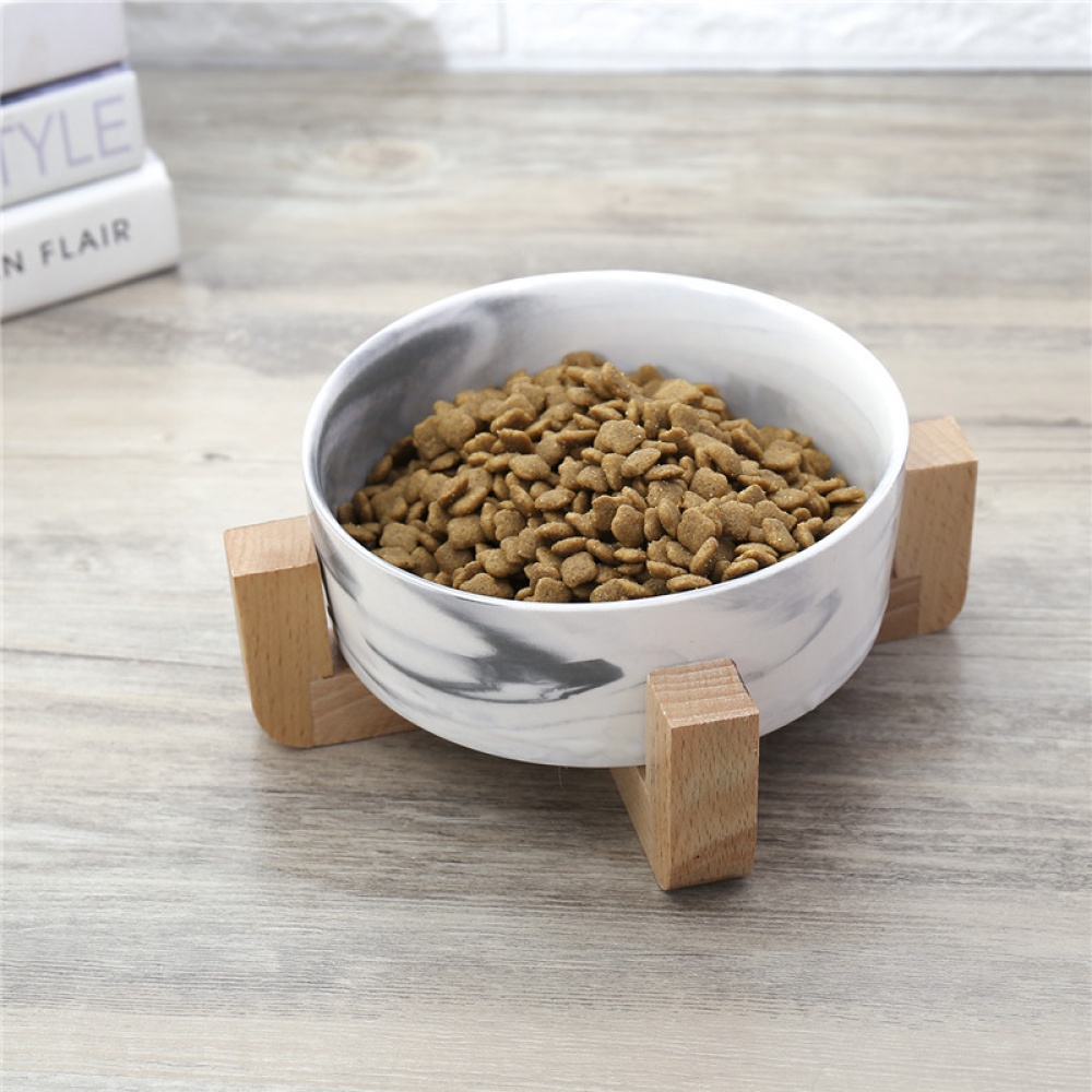 Marbling Ceramic Bowl with Wooden Rack for Pet Food Water Drinking Feeder blue - Image 3