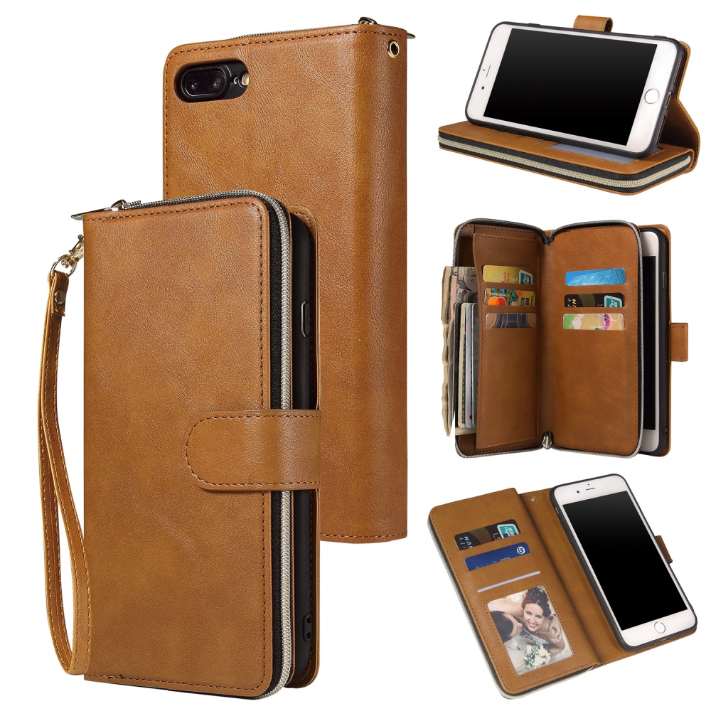 For Iphone 6/6s/6 Plus/6s Plus/7 Plus/8 Plus Pu Leather Mobile Phone Cover Zipper Card Bag + Wrist Strap brown - Image 2