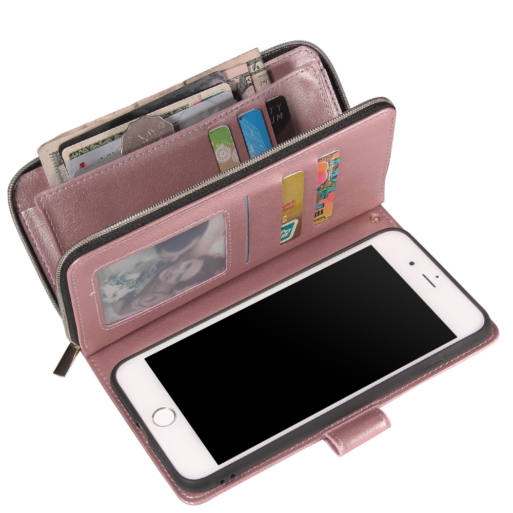 For Iphone 6/6s/6 Plus/6s Plus/7 Plus/8 Plus Pu Leather Mobile Phone Cover Zipper Card Bag + Wrist Strap Rose gold - Image 2