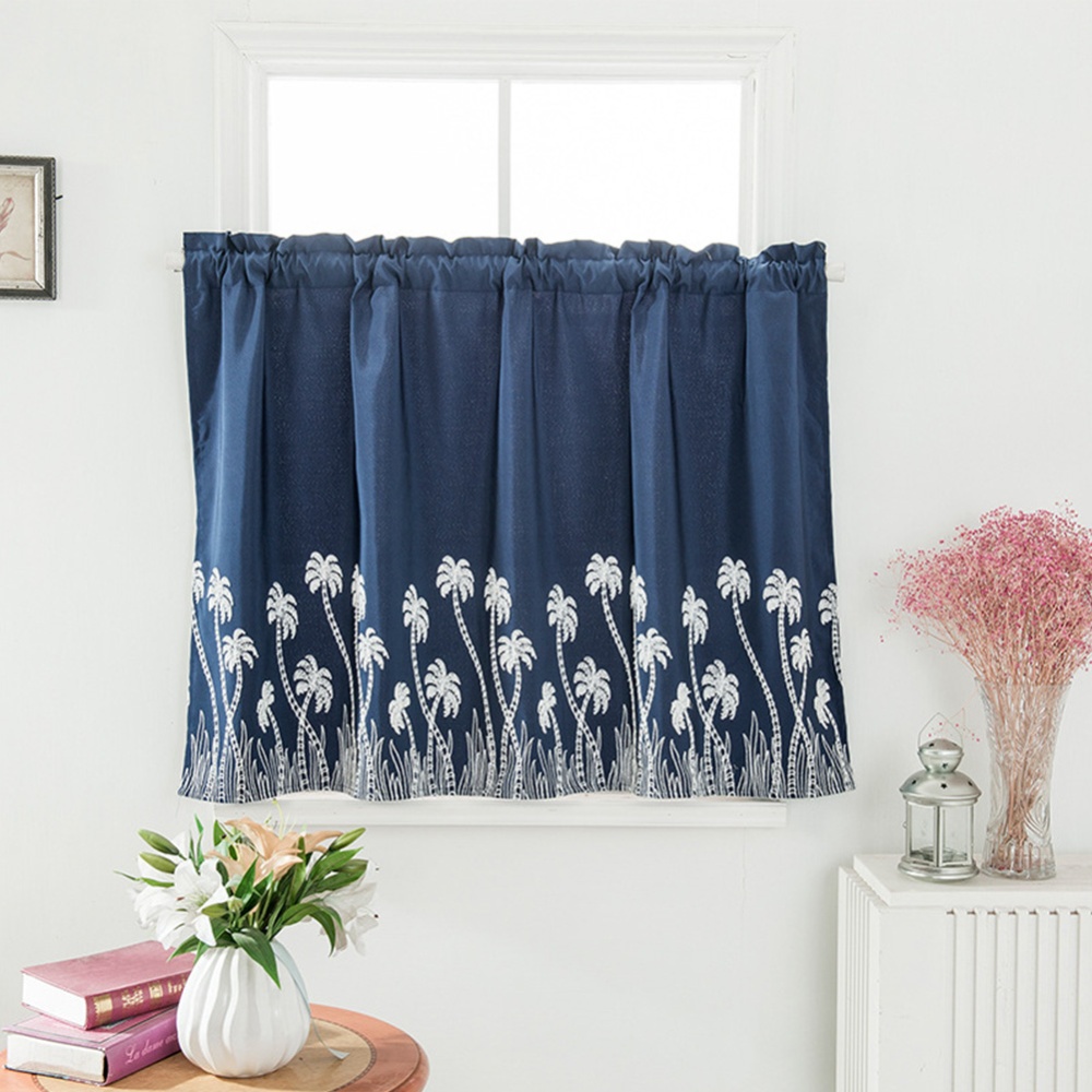 Pastoral Style Embroidered Curtain for Kitchen Door Decoration Navy blue_74 * 61cm